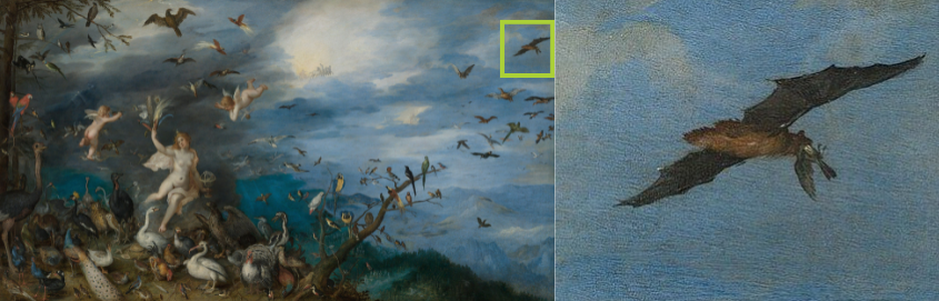Painting Air by Jan Brueghel the Elder with a bat in the top right hand corner highlighted in a green square; the right panel shows the bat close up